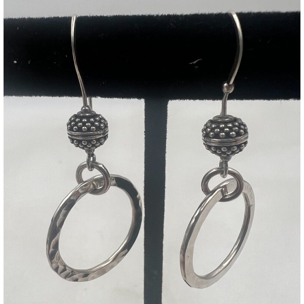 Silver Hammered Hoop Dangle Earrings Balinese Granulated Bead Drop Boho Circle